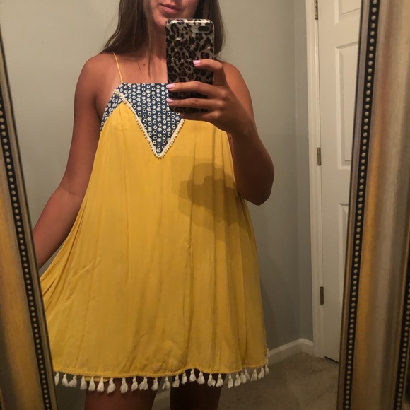 yellow/blue mini dress with tassel bottom - Picture 1 of 4
